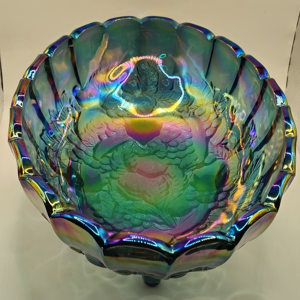 Indiana Glass Co. Blue Carnival Glass Fruit Bowl With Harvest Grape Design